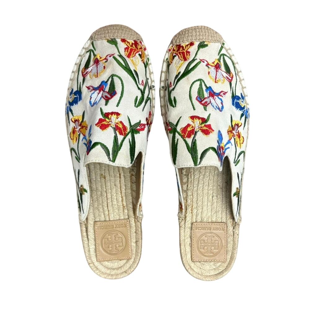Tory Burch Floral Embroidered Espadrille Mule Slides Women’s Size 8 Canvas Shoes
